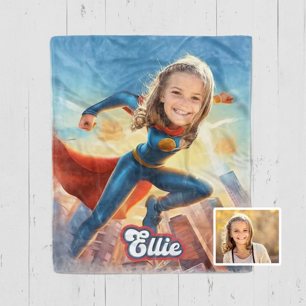 Personalized Girls Superhero Blanket – Custom Face Gift for Kids