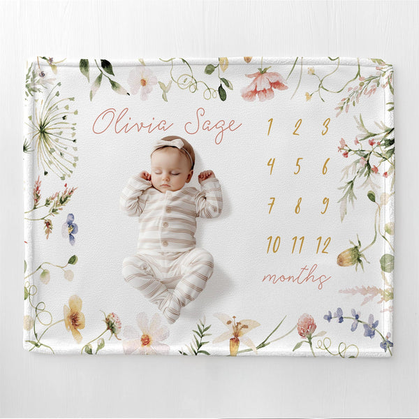 Personalized Wildflower Baby Blanket – Monthly Milestone Gift