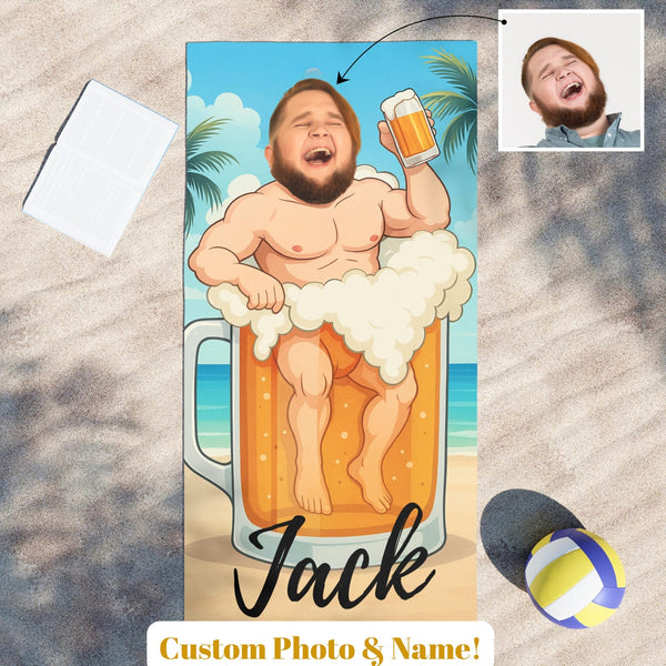 Beer Mug Beach Towel – Custom Face & Name Gift