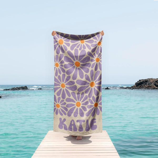 Retro Daisy Beach Towel – Custom Boho Name Gift