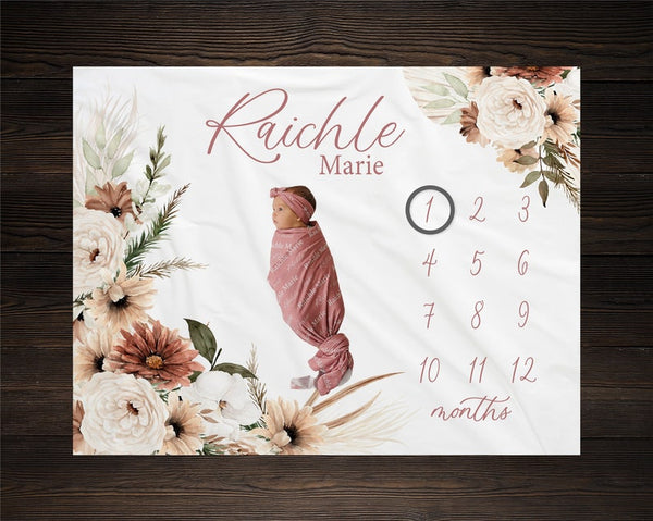 Floral Baby Milestone Blanket – Personalized Boho Design